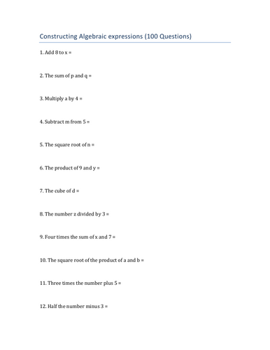 Constructing Algebraic expressions (100 Questions) with Answers