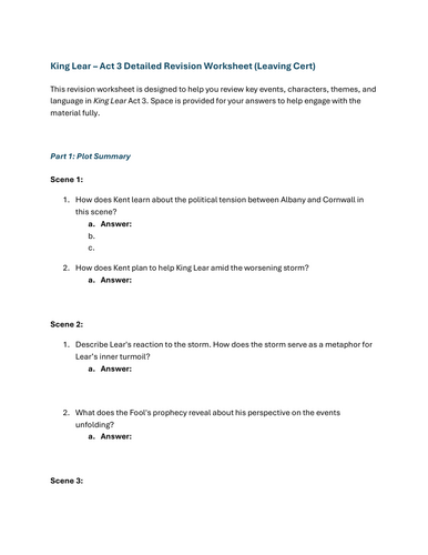 King Lear Act 3 Revision Worksheet