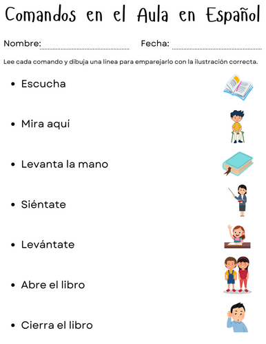 classroom commands in spanish worksheet - Comandos en el Aula en Español