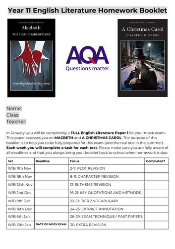 AQA Lit paper 1 Homework Booklet MACBETH and A CHRISTMAS CAROL