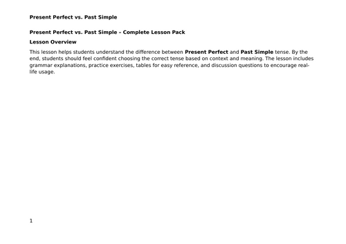 ESL -Present Perfect vs. Past Simple – Comprehensive Lesson with Grammar Tables, Exercises, and exam