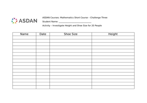 ASDAN - Maths Short Course - Height and Shoe Size Chart