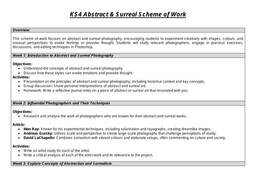 KS4 GCSE Photography Abstract and Surreal Scheme of Work (SOW)