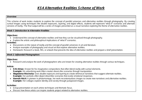 KS4 GCSE Photography Alternative Realities Scheme of Work (SOW)