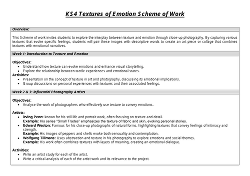 KS4 GCSE Photography Textures of Emotions Scheme of Work (SOW)