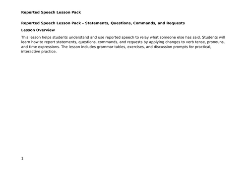 Reported Speech – Complete Lesson Pack for Statements, Questions, Commands, and Requests