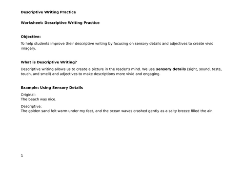 ESL - Descriptive Writing Practice Worksheet for English Learners