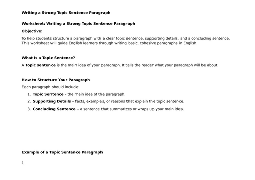 ESL - Topic Sentence Paragraph Writing Worksheet for English Learners