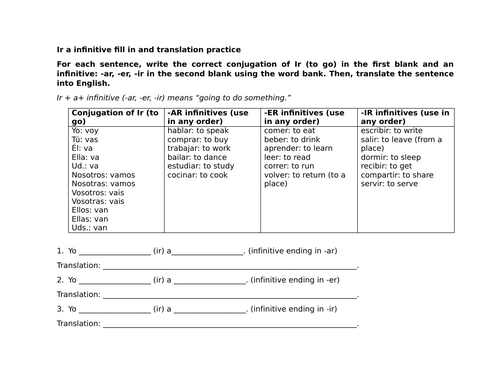 Ir a infinitive fill in and translation practice