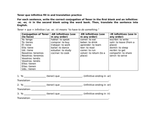 Tener que infinitive fill in and translation practice