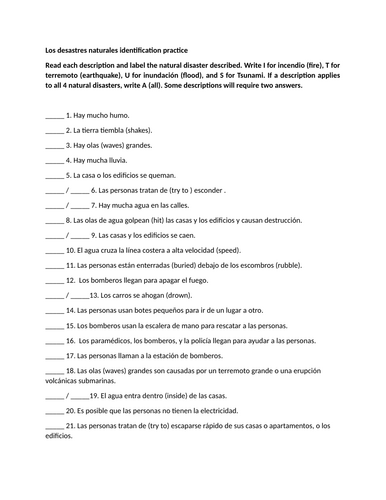 Los desastres naturales identification practice