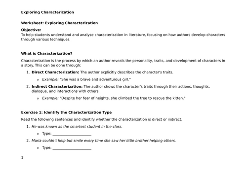 Worksheet: Exploring Characterization