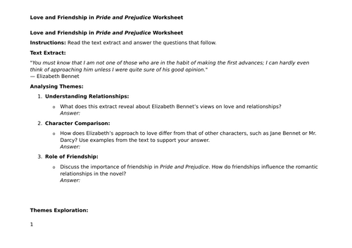 Love and Friendship in Pride and Prejudice Worksheet