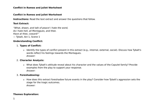 GCSE Conflict in Romeo and Juliet Worksheet