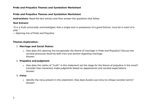 Pride and Prejudice Themes and Symbolism Worksheet