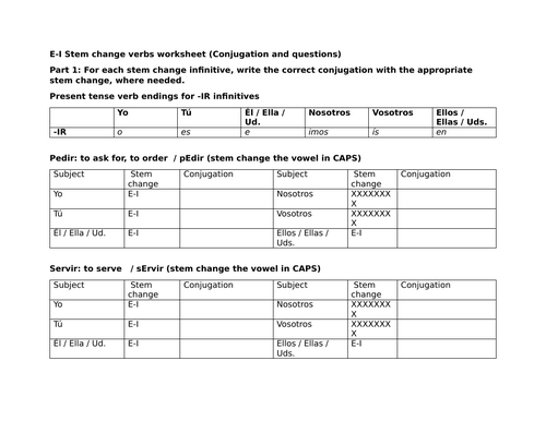 E-I Stem change verbs worksheet (Conjugation and questions)