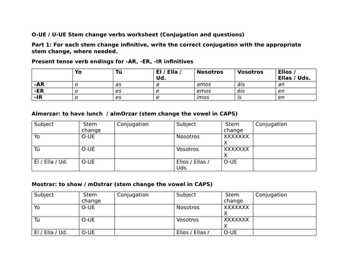 O-UE / U-UE Stem change verbs worksheet (Conjugation and questions)