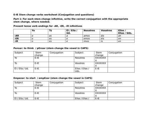 E-IE Stem change verbs worksheet (Conjugation and questions)