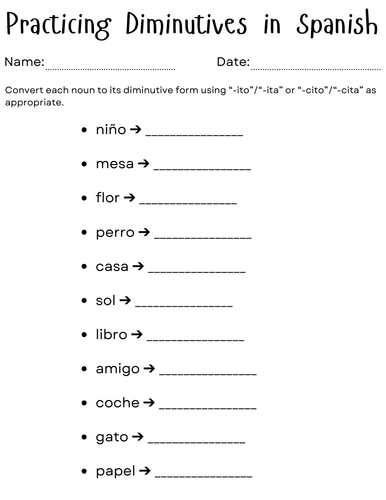 Printable diminutives in spanish worksheet for kids