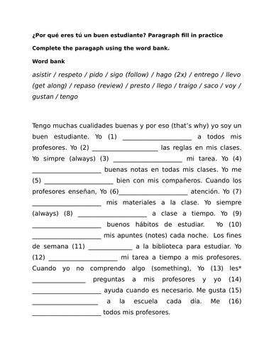 ¿Por qué eres tú un buen estudiante? Paragraph fill in practice