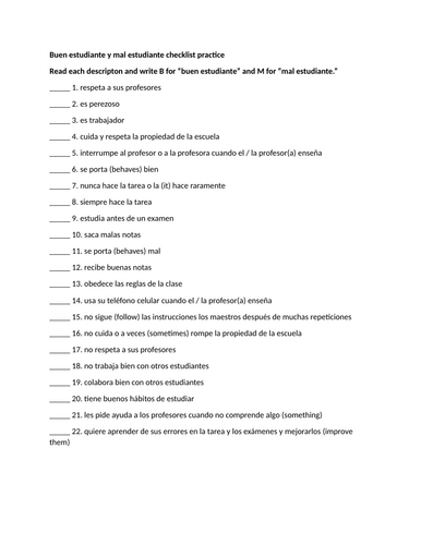 Buen estudiante y mal estudiante checklist practice