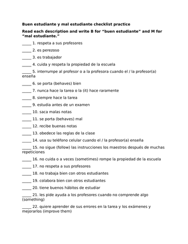 Buen estudiante y mal estudiante checklist practice