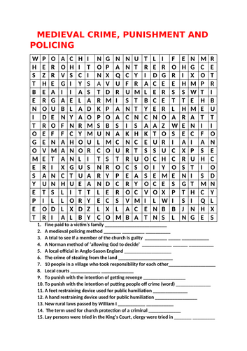 MEDIEVAL CRIME, PUNISHMENT AND POLICING WORDSEARCH AND QUIZ