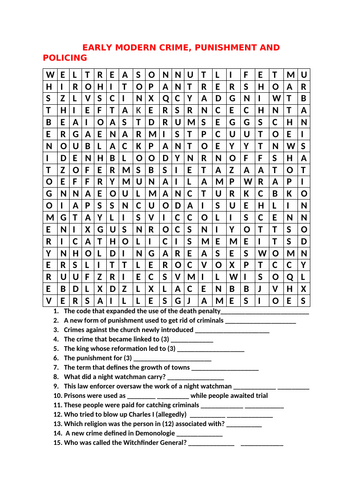 EARLY MODERN CRIME, PUNISHMENT AND POLICING WORDSEARCH AND QUIZ