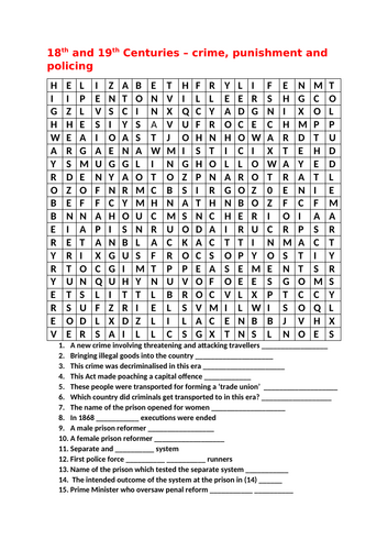 INDUSTRIAL PERIOD CRIME, PUNISHMENT AND POLICING WORDSEARCH AND QUIZ