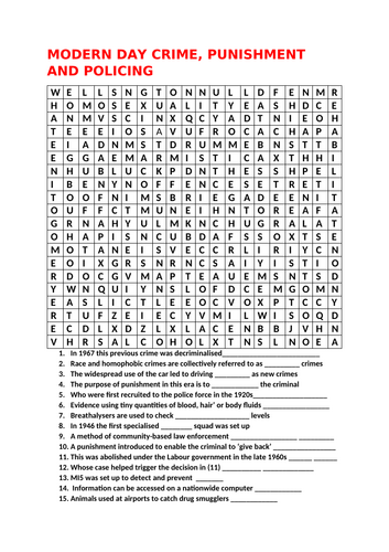 CRIME, PUNISHMENT AND POLICING IN THE MODERN ERA WORDSEARCH AND QUIZ