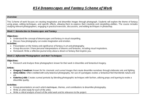 KS4 GCSE Photography Dreamscapes and Fantasy Scheme of Work