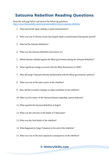 Satsuma Rebellion Reading Questions Worksheet