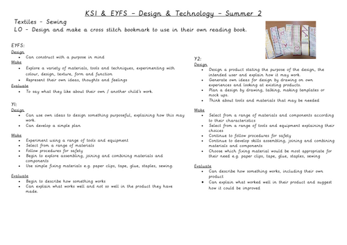 KS1 Design and Technology Planning Textiles Sewing Bookmarks