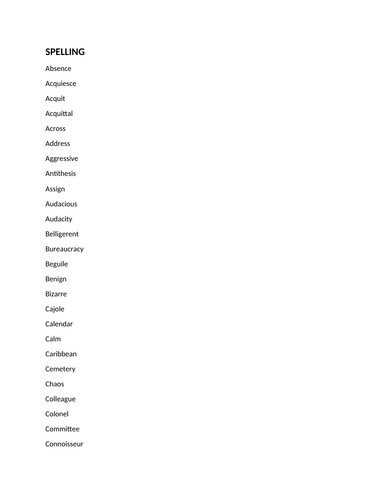 Year 8  English Language spelling of difficult words -commonly misspelt