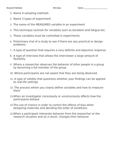 Research Methods mini quiz - Psychology A Level