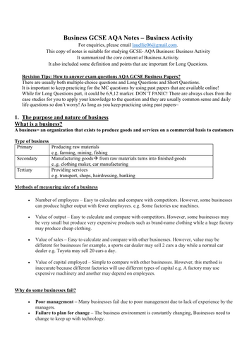 Business aqa gcse notes Business Activity