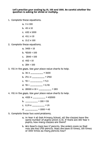 Scaling by 10, 100 and 1000 (Multiplying and Dividing)