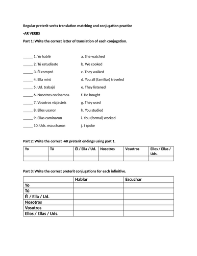 Regular preterit verbs translation matching and conjugation practice