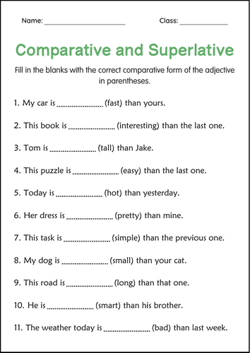 Comparative and Superlative Adjectives Grammar Worksheets for Grade 3