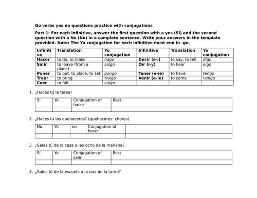 Go verbs yes no questions practice with conjugations