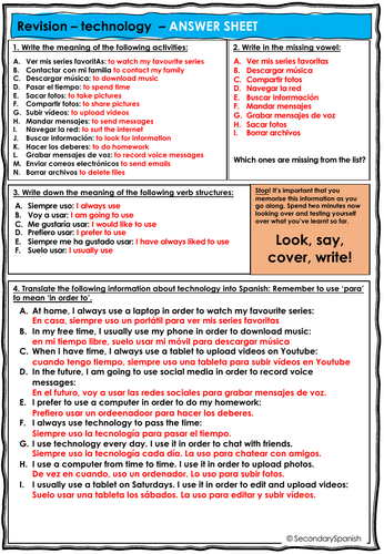 GCSE Spanish TECHNOLOGY revision sheet