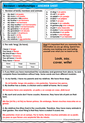 GCSE Spanish FAMILY, FRIENDS AND RELATIONSHIPS - revision sheet