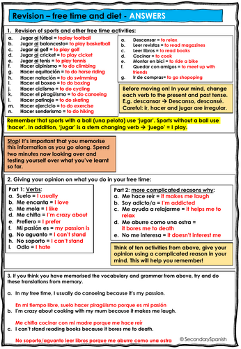 GCSE Spanish FREE TIME AND DIET - revision sheet