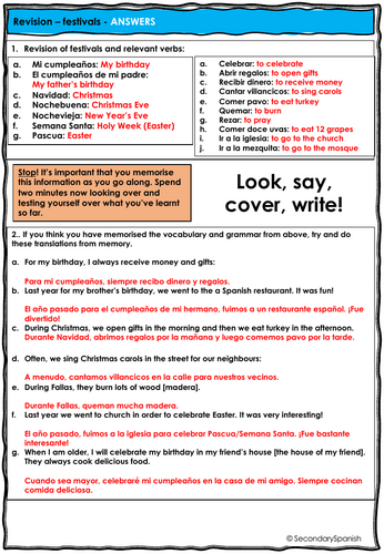 GCSE Spanish FESTIVALS - revision sheet