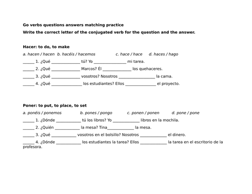 Go verbs questions answers matching practice