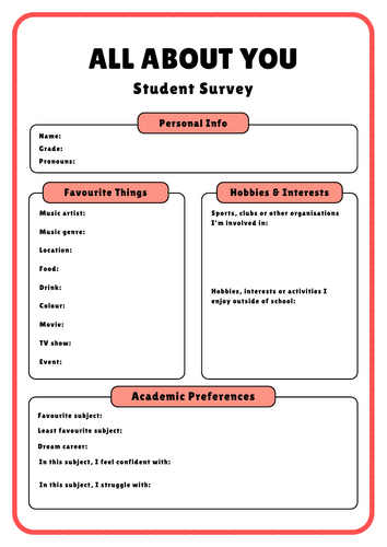 Student Interest Survey Worksheet