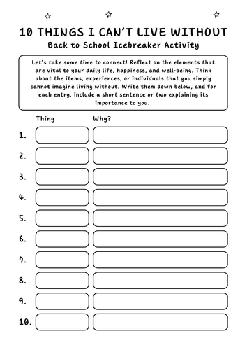 Back to School - Icebreaker - 10 Things I Can't Live Without - Activity Worksheet