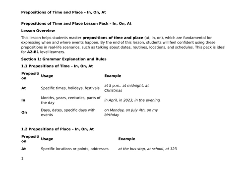 Prepositions of Time and Place – Comprehensive Lesson Pack on In, On, At