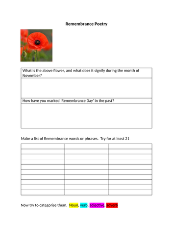 Remembrance Day Poetry Lesson KS3 or KS3