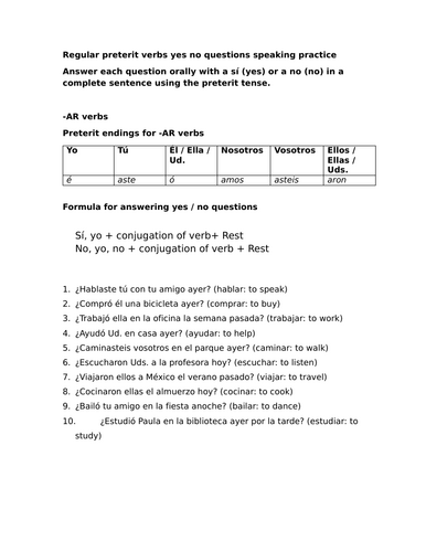 Regular preterit verbs yes no questions speaking practice